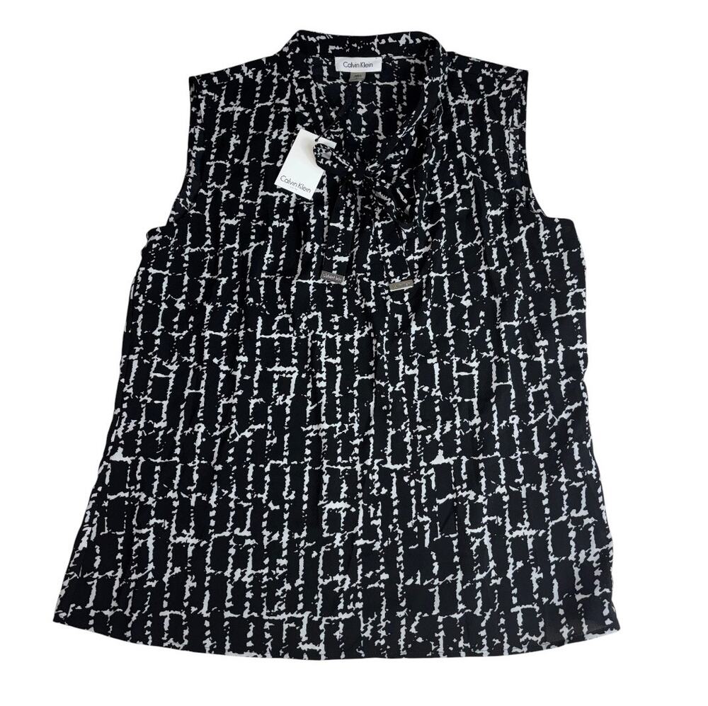 CALVIN KLEIN women's sleeveless black & white blouse large NWT